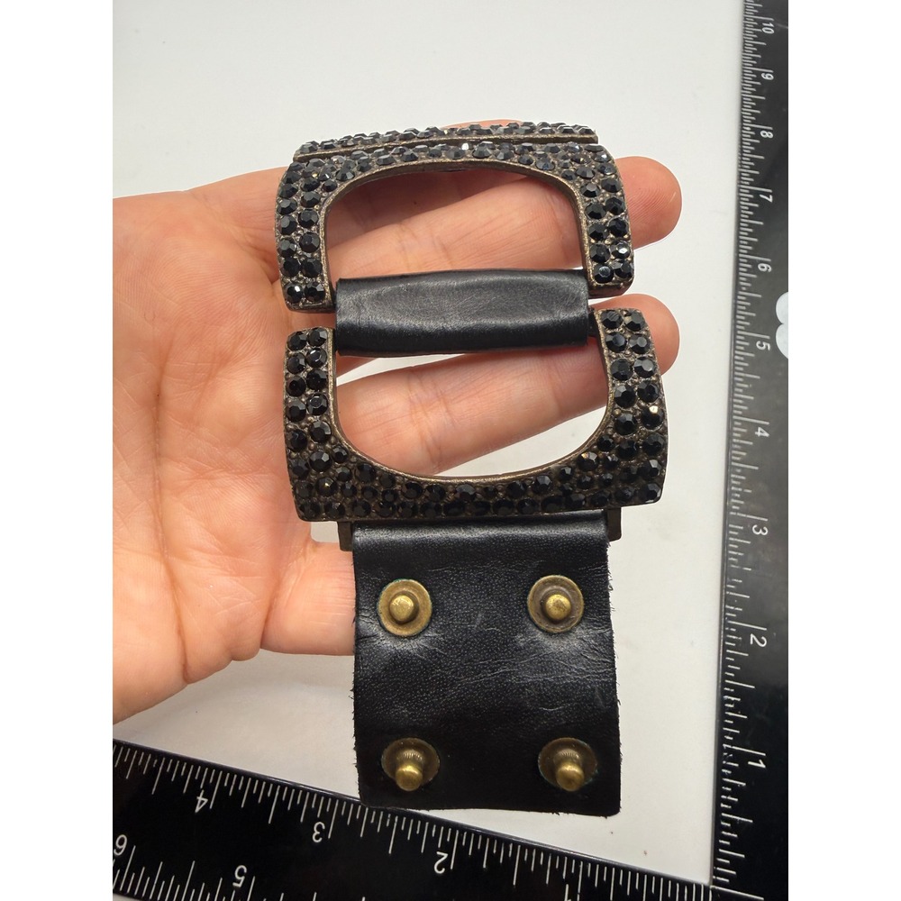 Rebel Designs Black Leather Crystal Encrusted Wide Cuff Bracelet Bronze Tone